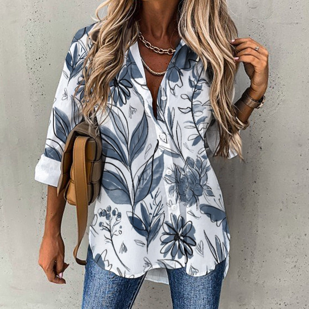 Multicolor Flowers Blue Cropped hem shirt. Houston Collection. Design hand-painted by the Designer Maria Alejandra Echenique