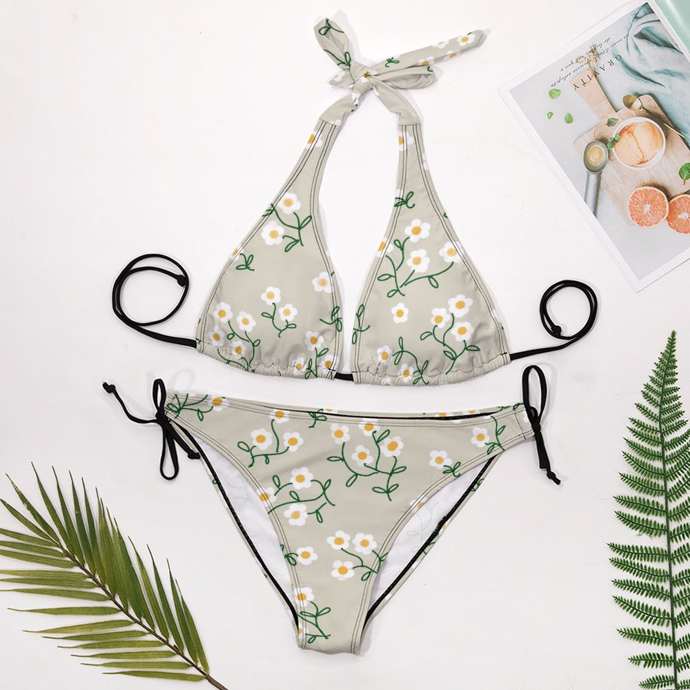 Super Bloom Collection Beige V-Neck Bikini Swimsuit. Bathing suit. Design hand-painted by the Designer Maria Alejandra Echenique
