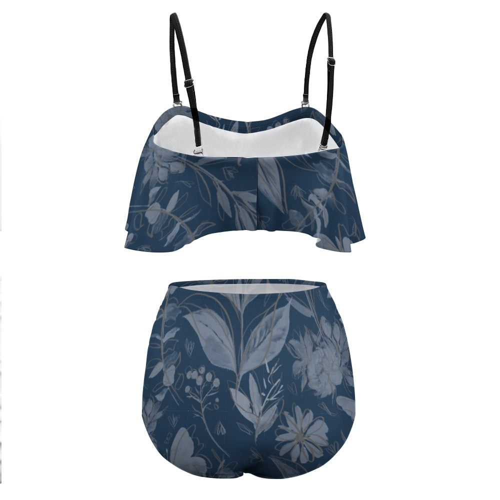 Multicolor Flowers Blue Loose Top Bikini Swimsuit. Design hand-painted by the Designer Maria Alejandra Echenique