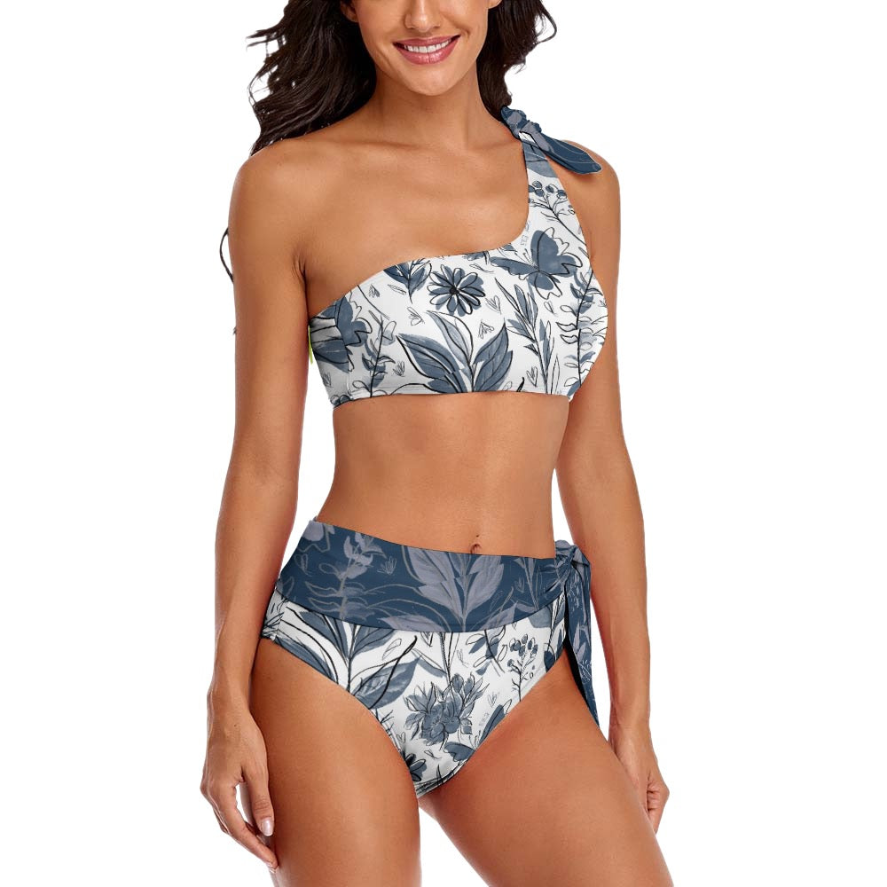 Watercolor Blue Two Piece Sexy One Shoulder Bikini Swimsuit. Houston Collection. Design hand-painted by the Designer Maria Alejandra Echenique