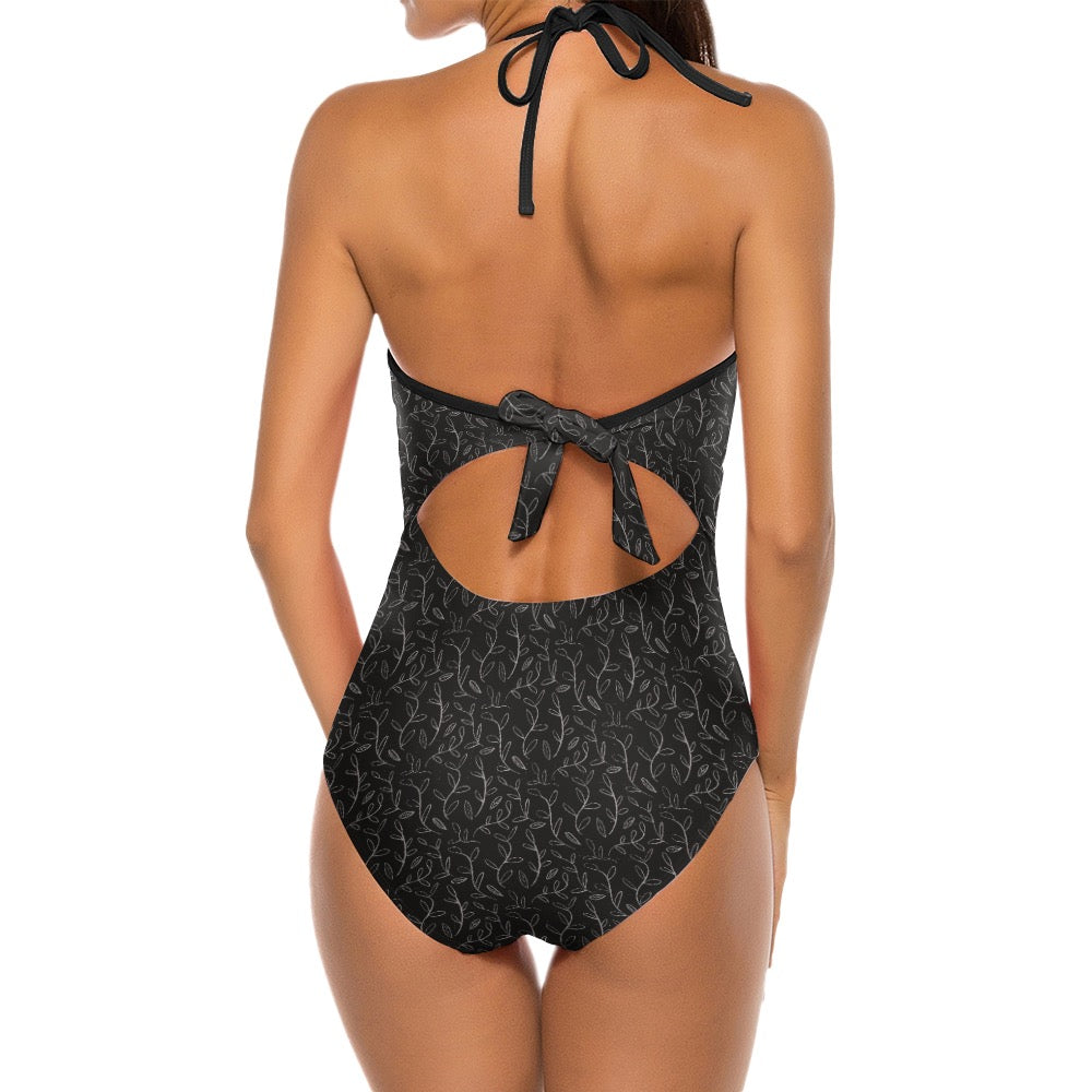 Super Bloom Collection Black One-Piece Bikini Swimwear. Pattern hand-painted by the Designer Maria Alejandra Echenique