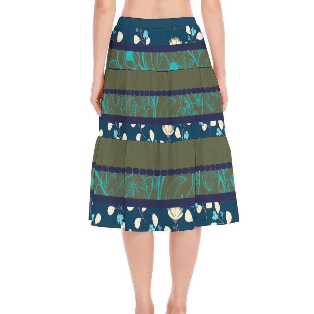 Green and Blue Stitched Pleated Chiffon Skirt. Miami Collection