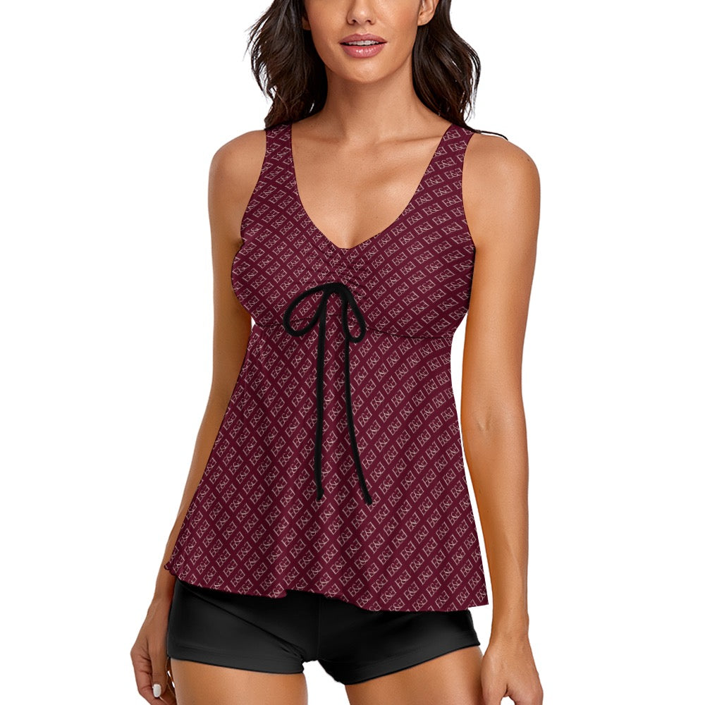 E&E Signature Red-wine Sleeveless Comfortable Split Swimwear. Bathing Suit. Cover-up. Pattern hand-painted by the Designer Maria Alejandra Echenique