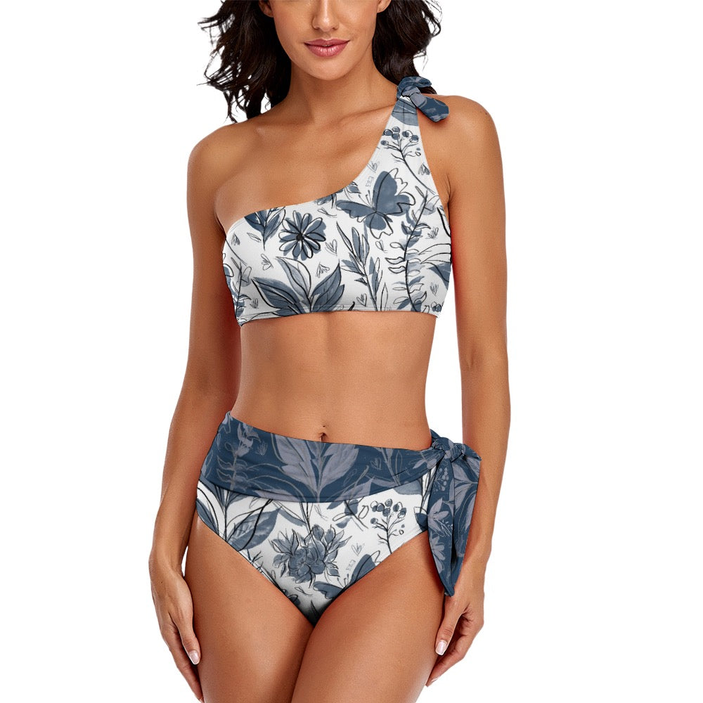 Watercolor Blue Two Piece Sexy One Shoulder Bikini Swimsuit. Houston Collection. Design hand-painted by the Designer Maria Alejandra Echenique