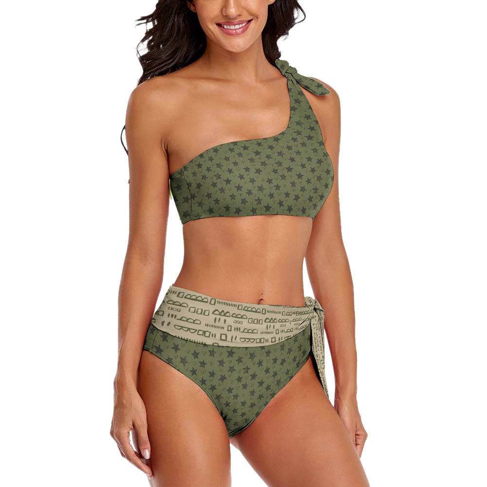 Green & Beige Miami Collection Two Piece One Shoulder Bikini Swimsuit. Miami Collection