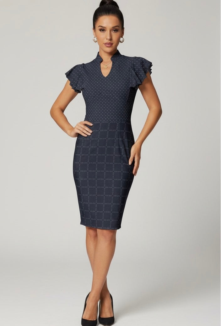 Dark Blue Luminance Vintage Frill Sleeve V-Neck Dress