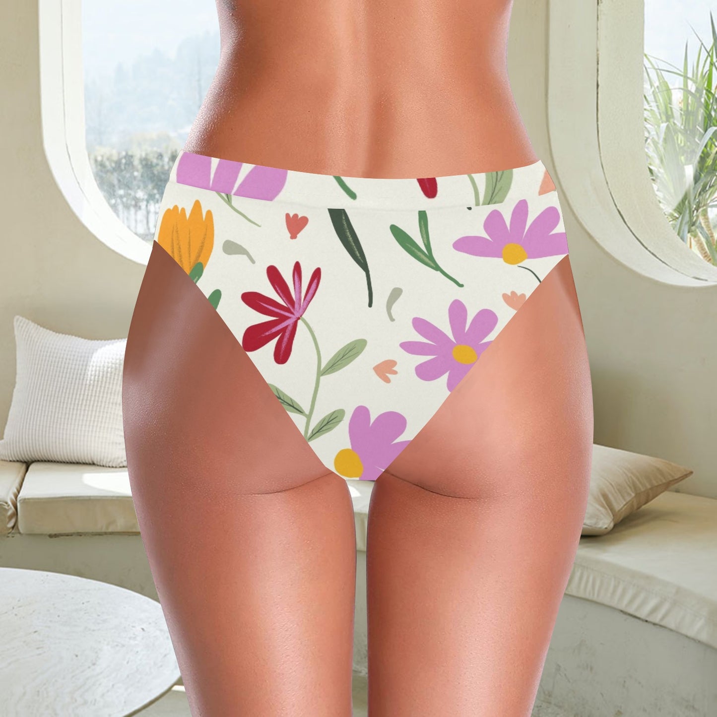 Botanical Flowers High-Waisted High-Cut Bikini Bottom. Pattern hand-painted by the Designer Maria Alejandra Echenique