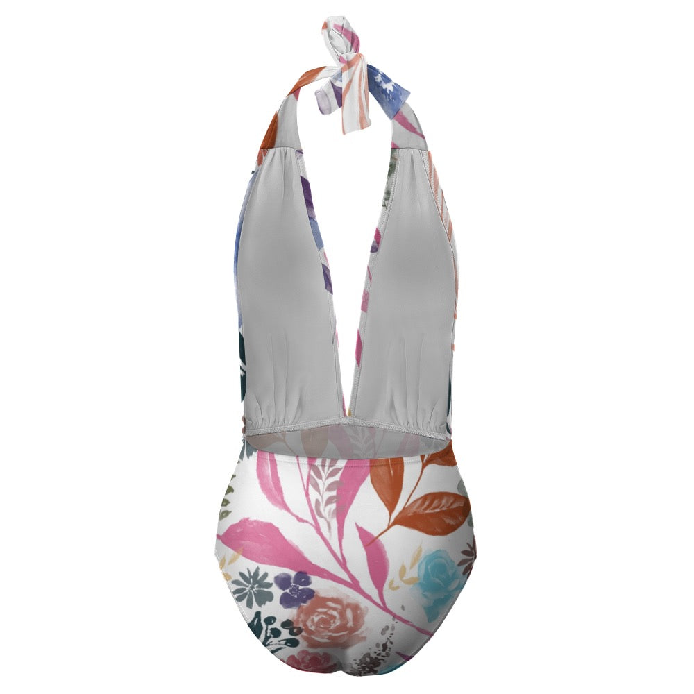 Watercolor flowers Halter One Piece Bikini Swimsuit. Design hand-painted by the Designer Maria Alejandra Echenique