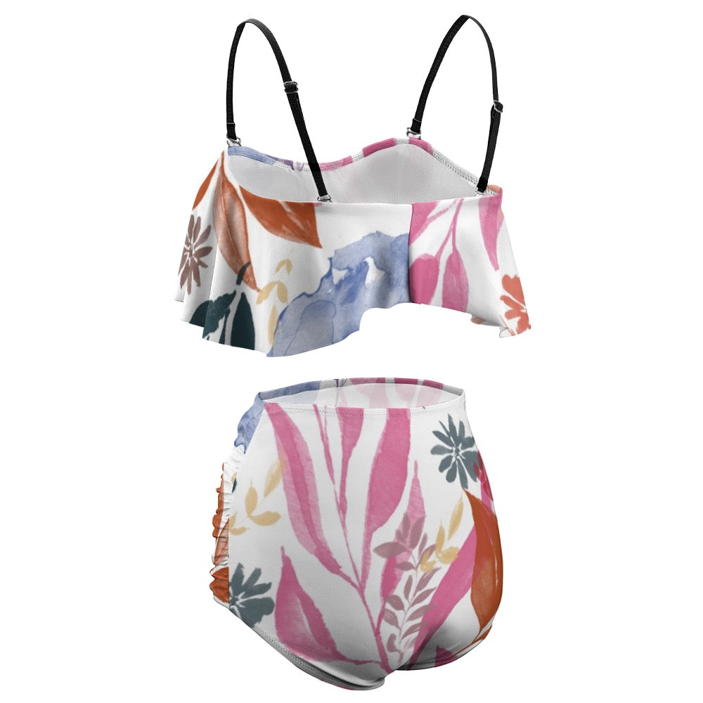 Multicolor Flowers Blue Loose Top Bikini Swimsuit. Design hand-painted by the Designer Maria Alejandra Echenique