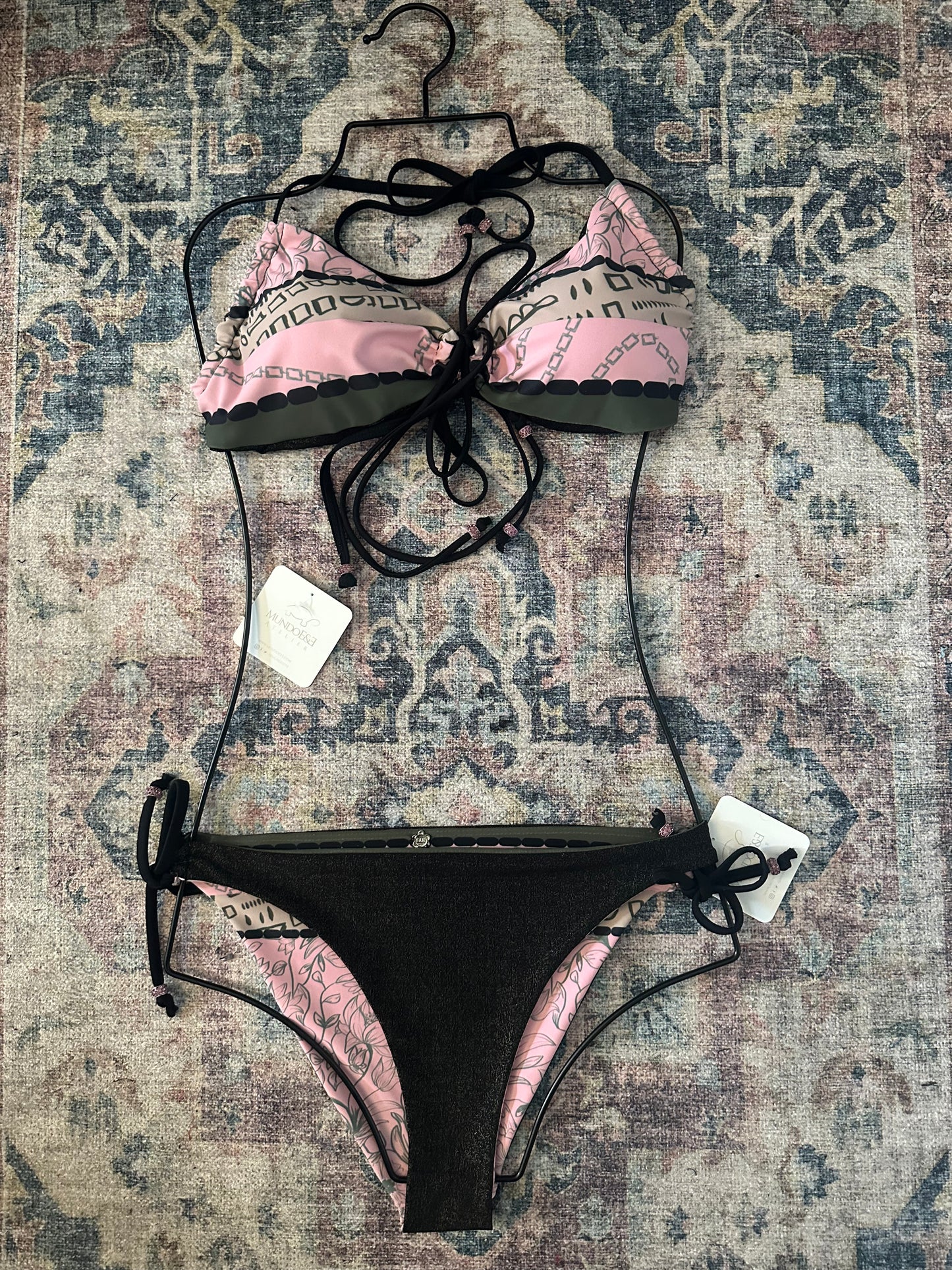 Handmade Reversible Bikini – Pink & Green Deep V Swimsuit – Original Hand-Painted Design – Luxury Slow Fashion Swimwear. Miami Collection