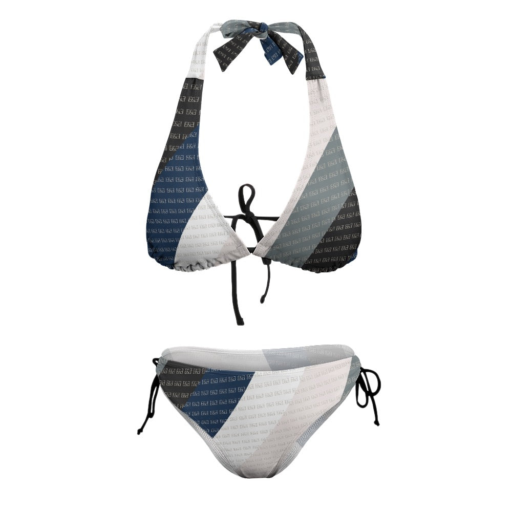Watercolor Blue & white V-Neck Bikini Swimsuit. Houston Collection. Design hand-painted by the Designer Maria Alejandra Echenique