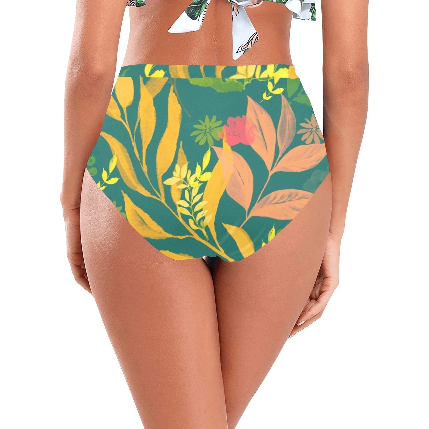 Multicolor Flowers Green High-Waisted Bikini Bottom. Design hand-painted by the Designer Maria Alejandra Echenique