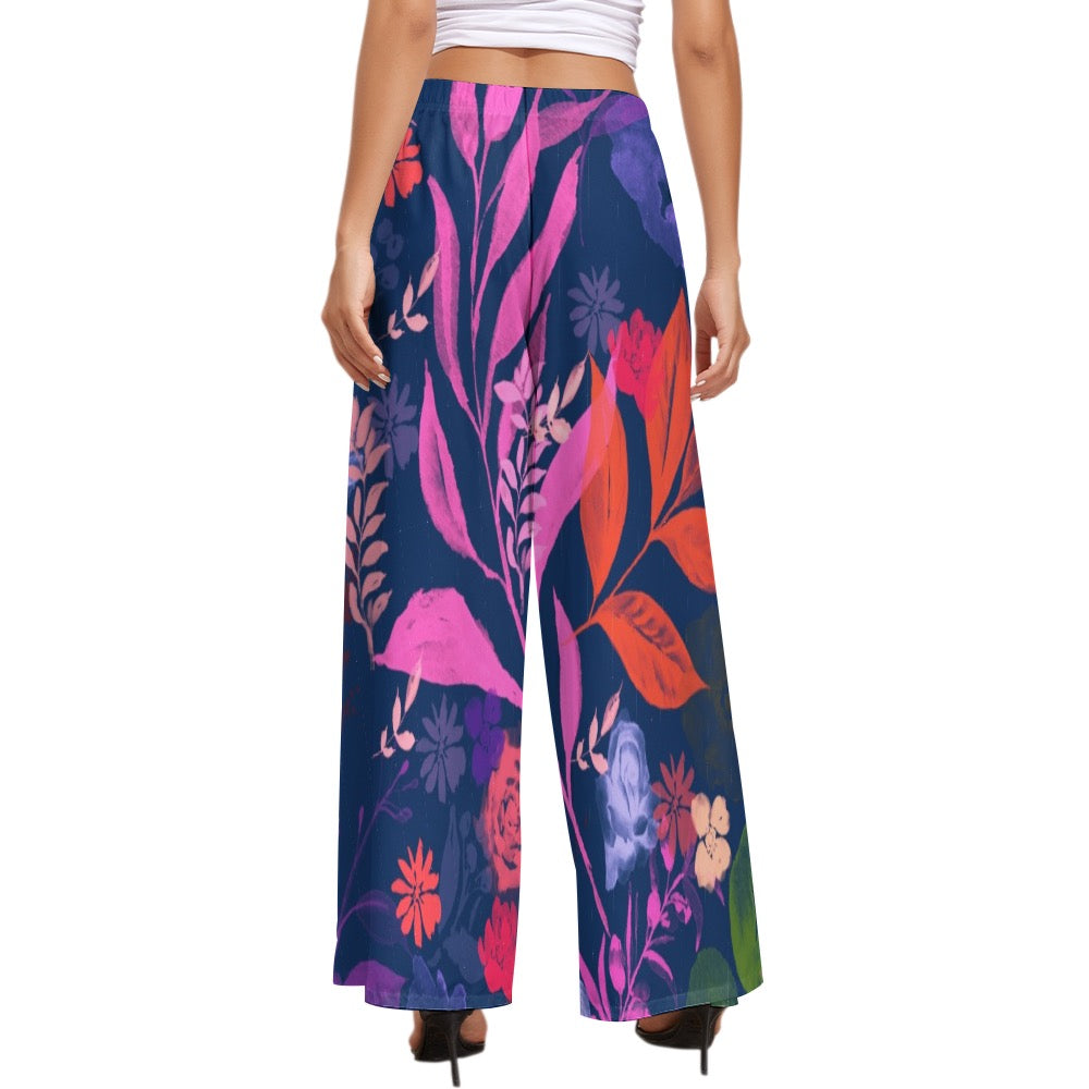 Multicolor Flowers Green Women's Wide Leg Pants. Houston collection. Design hand-painted by the Designer Maria Alejandra Echenique
