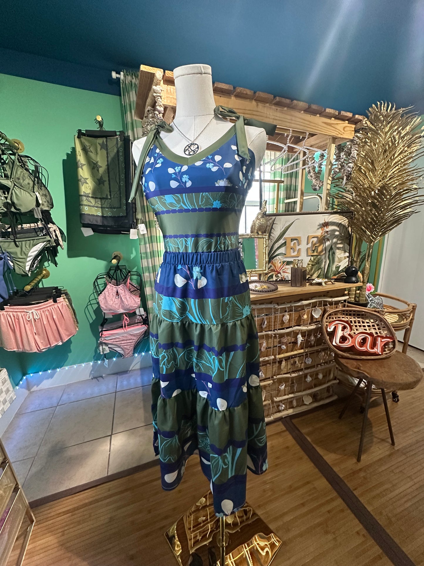 Green and Blue Reversible Tie Shoulder One piece Padded Swimsuit. Miami Collection