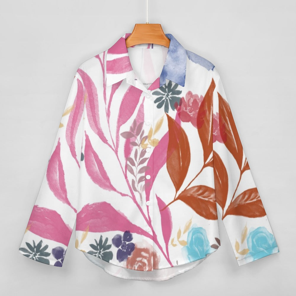 Multicolor Flowers Blue Cropped hem shirt. Houston Collection. Design hand-painted by the Designer Maria Alejandra Echenique