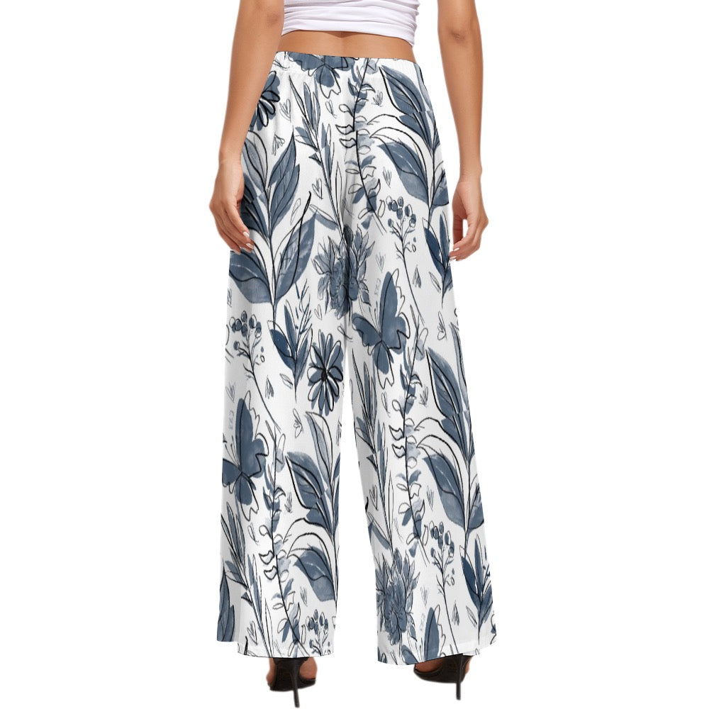 Multicolor Flowers Green Women's Wide Leg Pants. Houston collection. Design hand-painted by the Designer Maria Alejandra Echenique