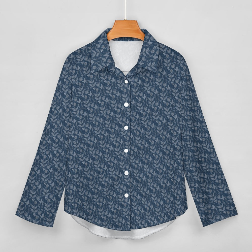 Multicolor Flowers Blue Cropped hem shirt. Houston Collection. Design hand-painted by the Designer Maria Alejandra Echenique