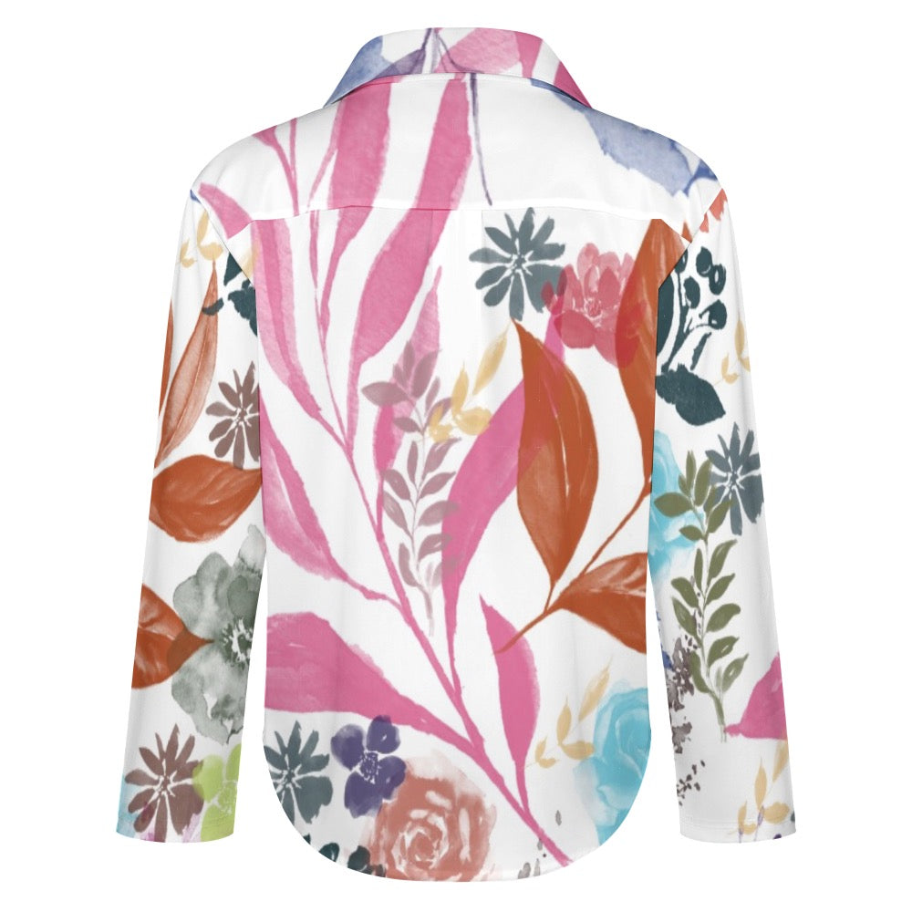 Multicolor Flowers Blue Cropped hem shirt. Houston Collection. Design hand-painted by the Designer Maria Alejandra Echenique