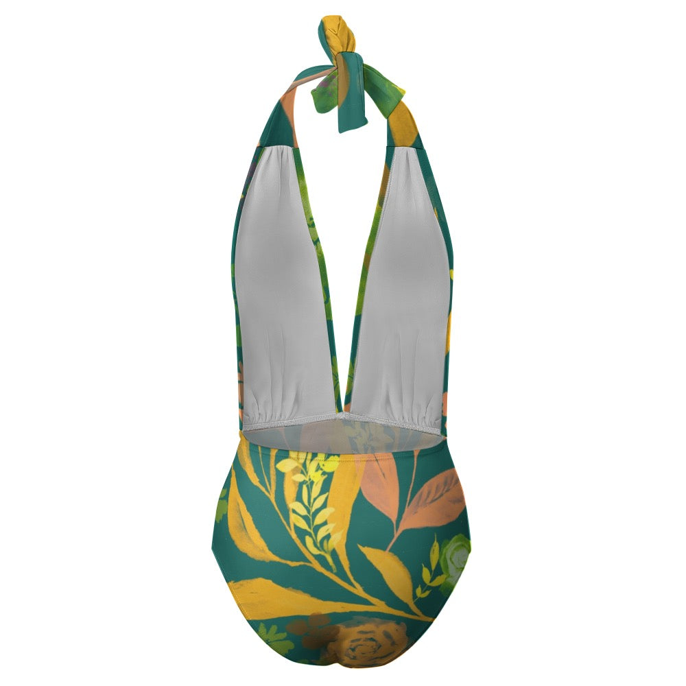Watercolor flowers Halter One Piece Bikini Swimsuit. Design hand-painted by the Designer Maria Alejandra Echenique