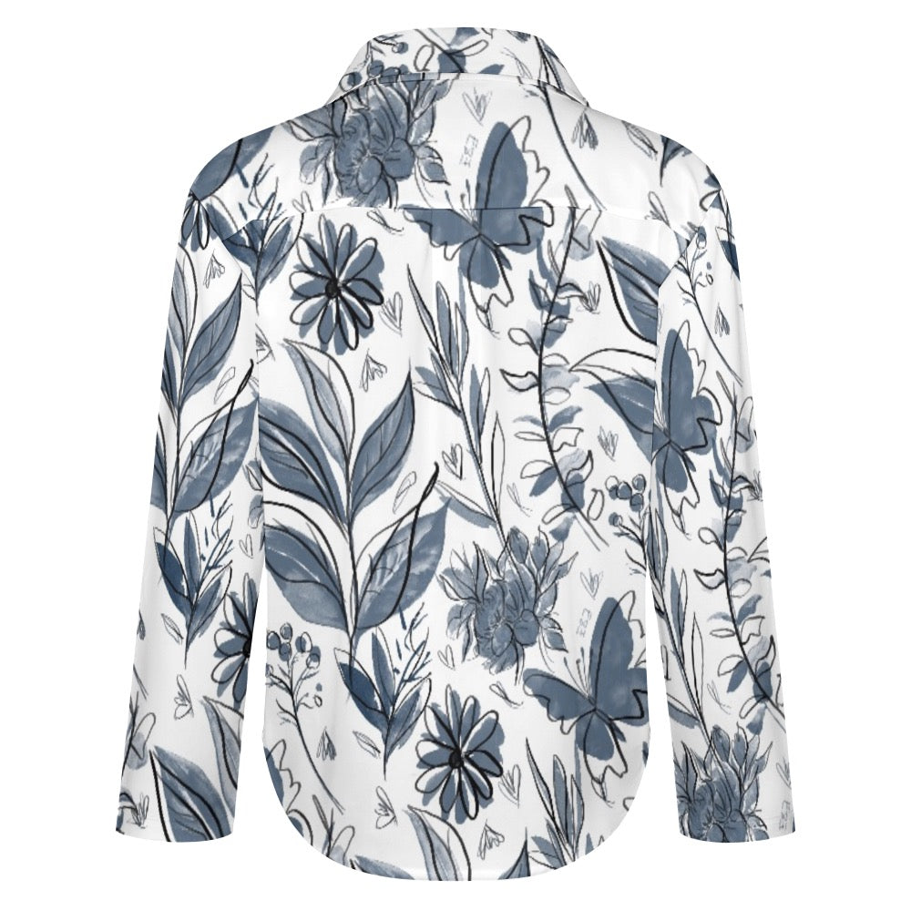 Multicolor Flowers Blue Cropped hem shirt. Houston Collection. Design hand-painted by the Designer Maria Alejandra Echenique