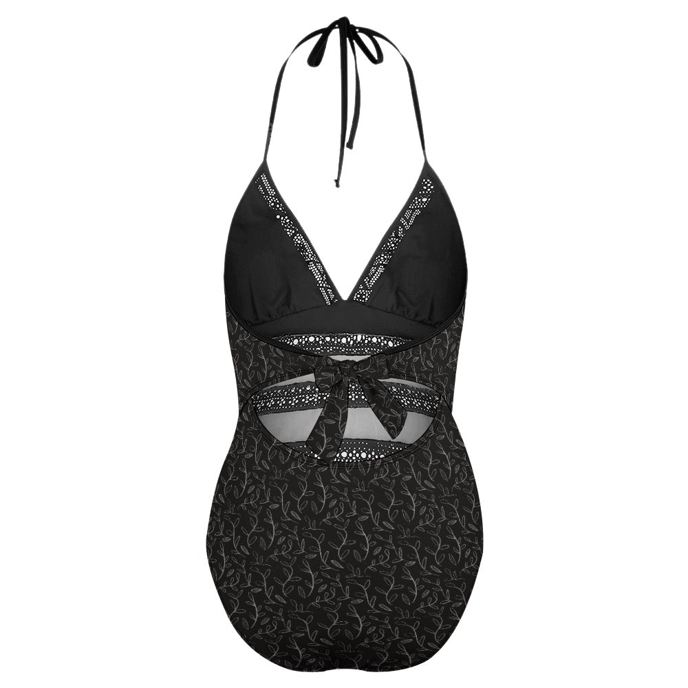 Super Bloom Collection Black One-Piece Bikini Swimwear. Pattern hand-painted by the Designer Maria Alejandra Echenique