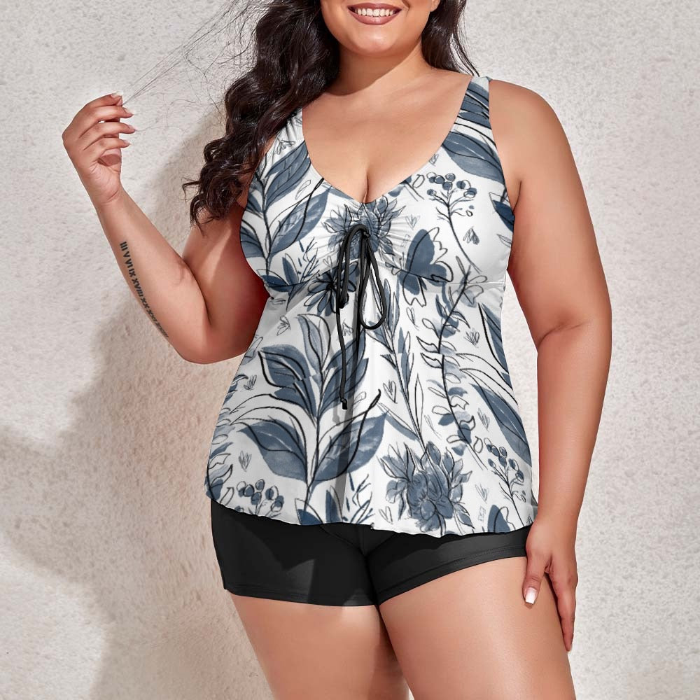 Watercolor Blue & White Sleeveless Comfortable Split Swimwear. Houston collection. Design hand-painted by the Designer Maria Alejandra Echenique