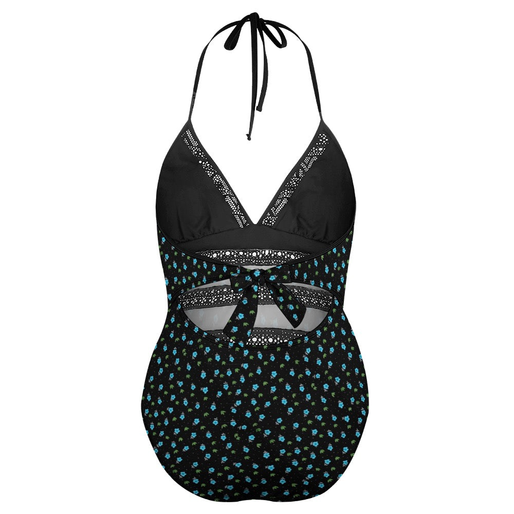 Little Blue Flowers Plus size One-piece bikini swimsuit. Pattern hand-painted by the Designer Maria Alejandra Echenique