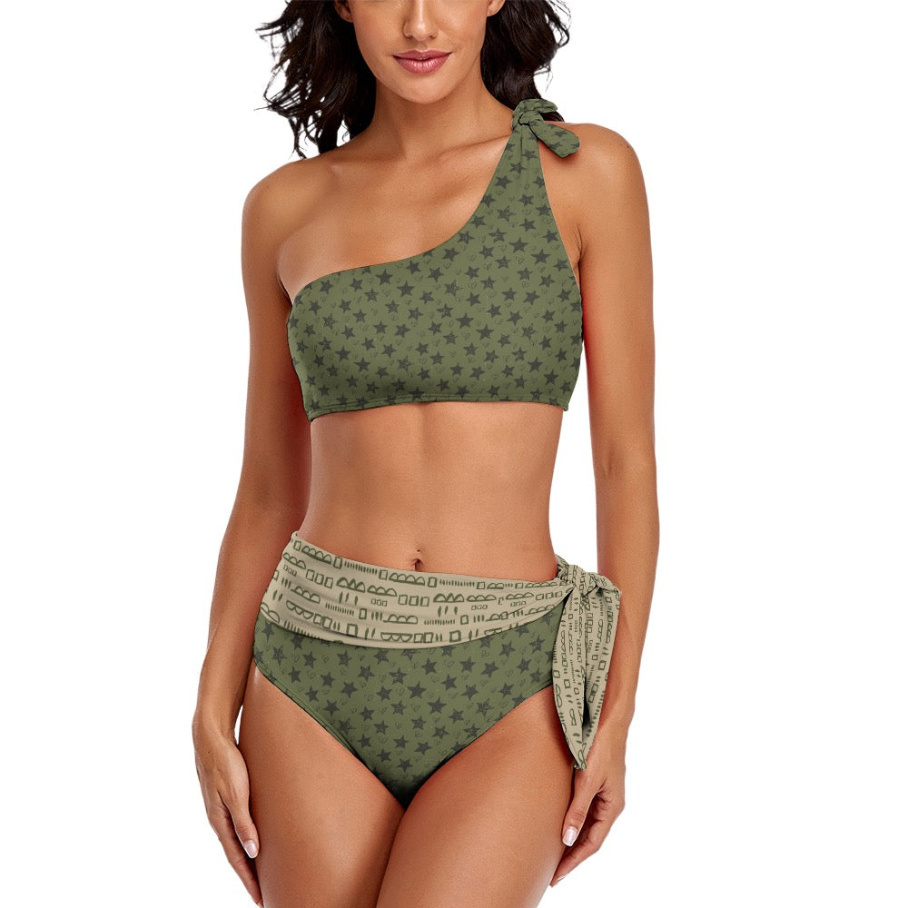 Green & Beige Miami Collection Two Piece One Shoulder Bikini Swimsuit. Miami Collection