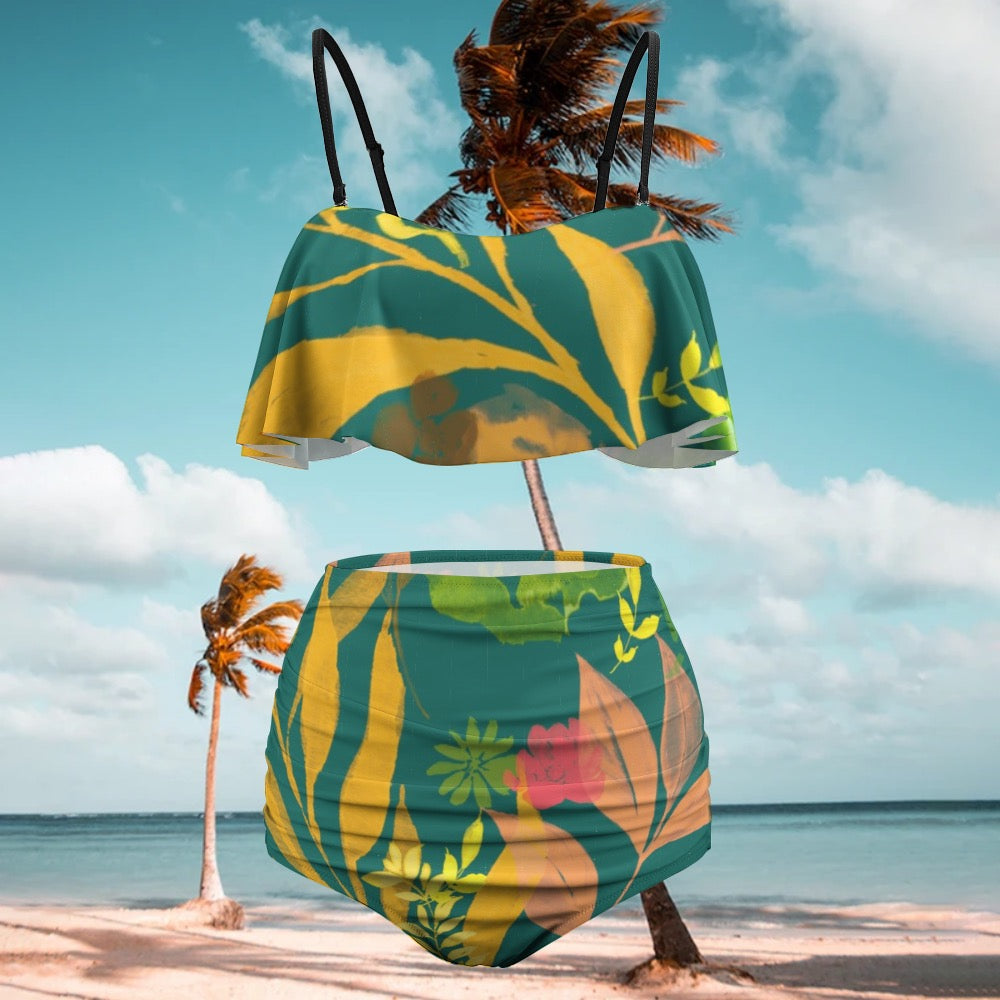 Multicolor Flowers Blue Loose Top Bikini Swimsuit. Design hand-painted by the Designer Maria Alejandra Echenique