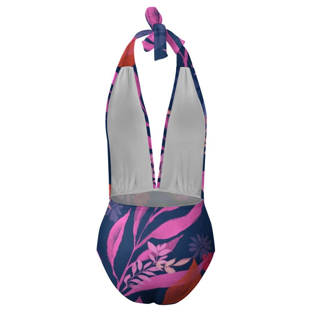 Watercolor flowers Halter One Piece Bikini Swimsuit. Design hand-painted by the Designer Maria Alejandra Echenique