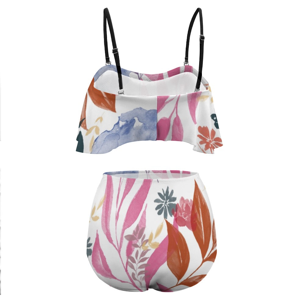 Multicolor Flowers Blue Loose Top Bikini Swimsuit. Design hand-painted by the Designer Maria Alejandra Echenique