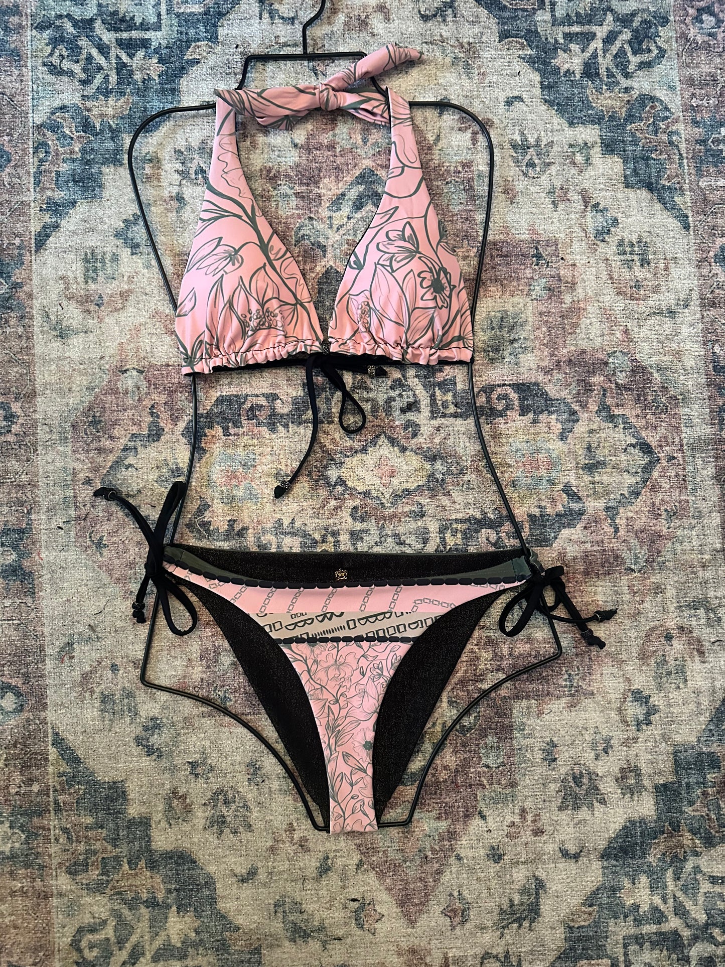 Pink and Black Halter Reversible Bikini Swimwear. Miami Collection