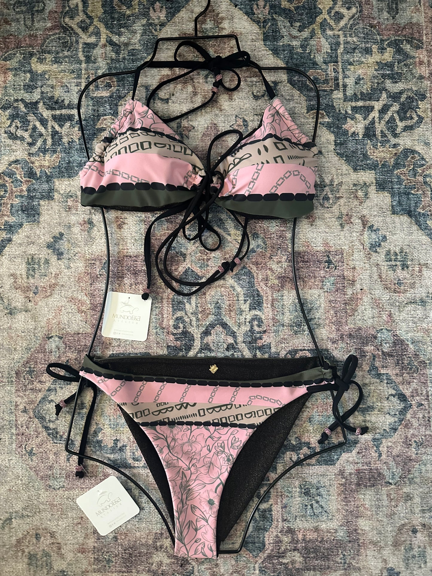 Handmade Reversible Bikini – Pink & Green Deep V Swimsuit – Original Hand-Painted Design – Luxury Slow Fashion Swimwear. Miami Collection