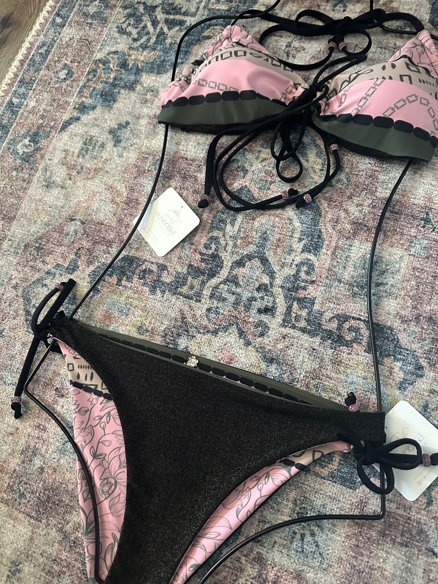 Handmade Reversible Bikini – Pink & Green Deep V Swimsuit – Original Hand-Painted Design – Luxury Slow Fashion Swimwear. Miami Collection