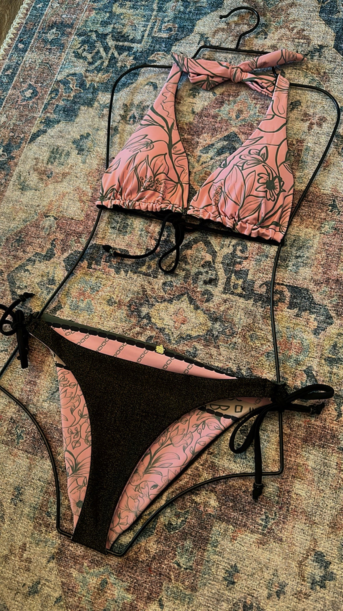 Pink and Black Halter Reversible Bikini Swimwear. Miami Collection