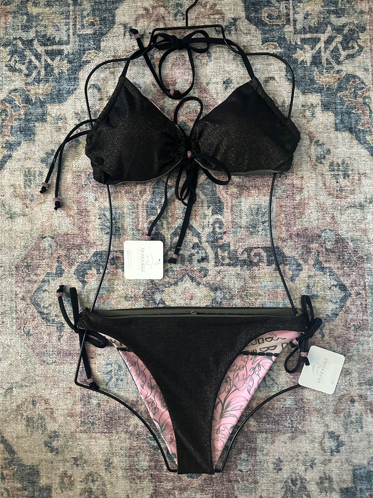 Handmade Reversible Bikini – Pink & Green Deep V Swimsuit – Original Hand-Painted Design – Luxury Slow Fashion Swimwear. Miami Collection