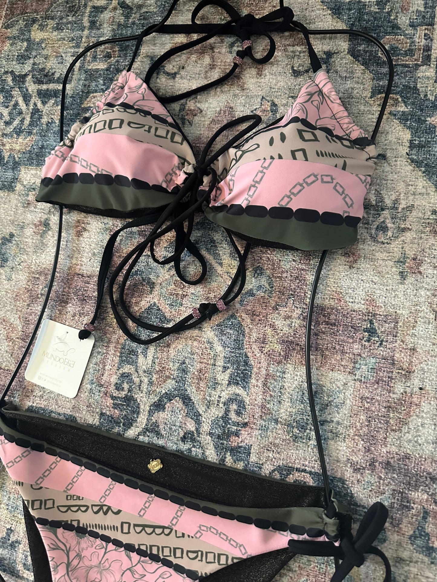 Handmade Reversible Bikini – Pink & Green Deep V Swimsuit – Original Hand-Painted Design – Luxury Slow Fashion Swimwear. Miami Collection