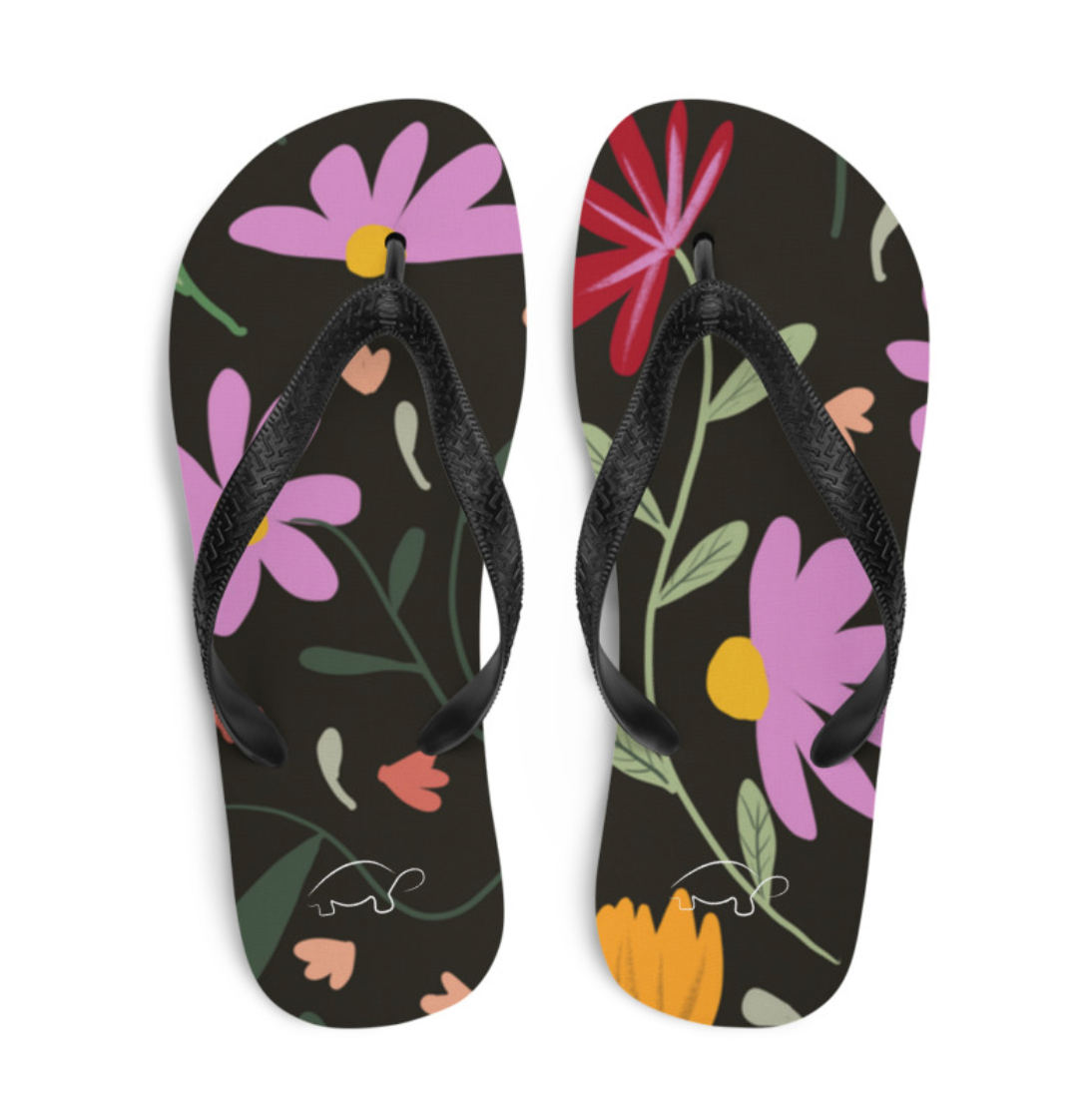 Botanical Black Women's Flip Flops. Pattern hand-painted by the Designer Maria Alejandra Echenique