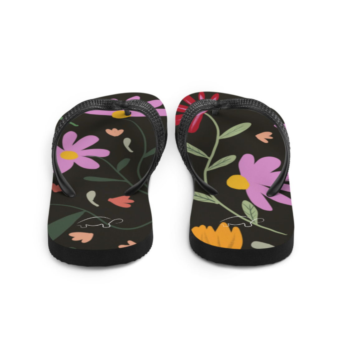 Botanical Black Women's Flip Flops. Pattern hand-painted by the Designer Maria Alejandra Echenique