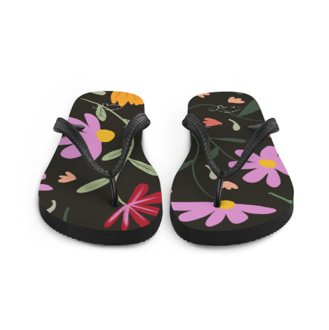 Botanical Black Women's Flip Flops. Pattern hand-painted by the Designer Maria Alejandra Echenique