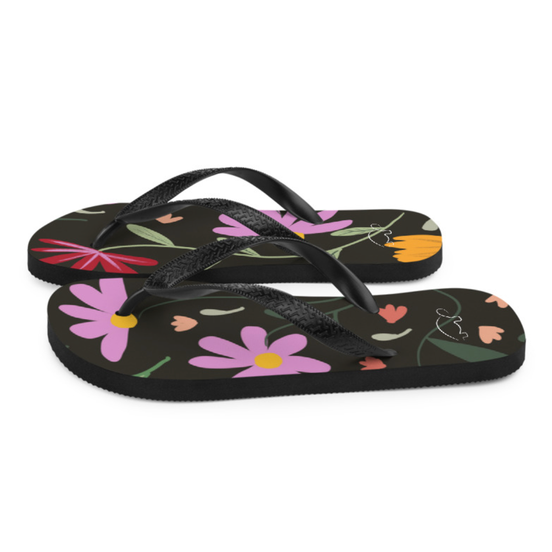 Botanical Black Women's Flip Flops. Pattern hand-painted by the Designer Maria Alejandra Echenique