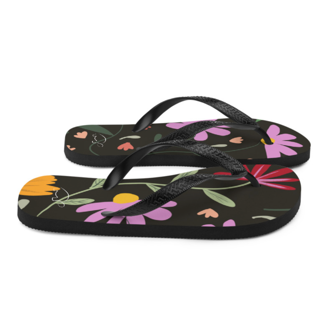 Botanical Black Women's Flip Flops. Pattern hand-painted by the Designer Maria Alejandra Echenique