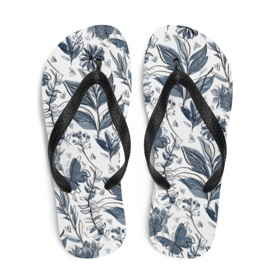 Watercolor White and Blue Women's Flip Flops. Houston Collection. Design hand-painted by the Designer Maria Alejandra Echenique