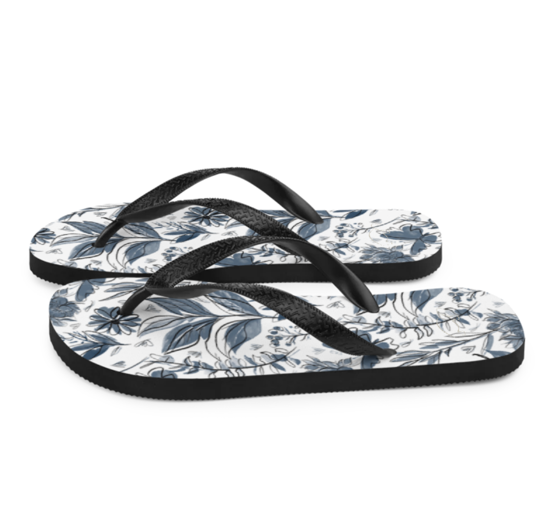 Watercolor White and Blue Women's Flip Flops. Houston Collection. Design hand-painted by the Designer Maria Alejandra Echenique