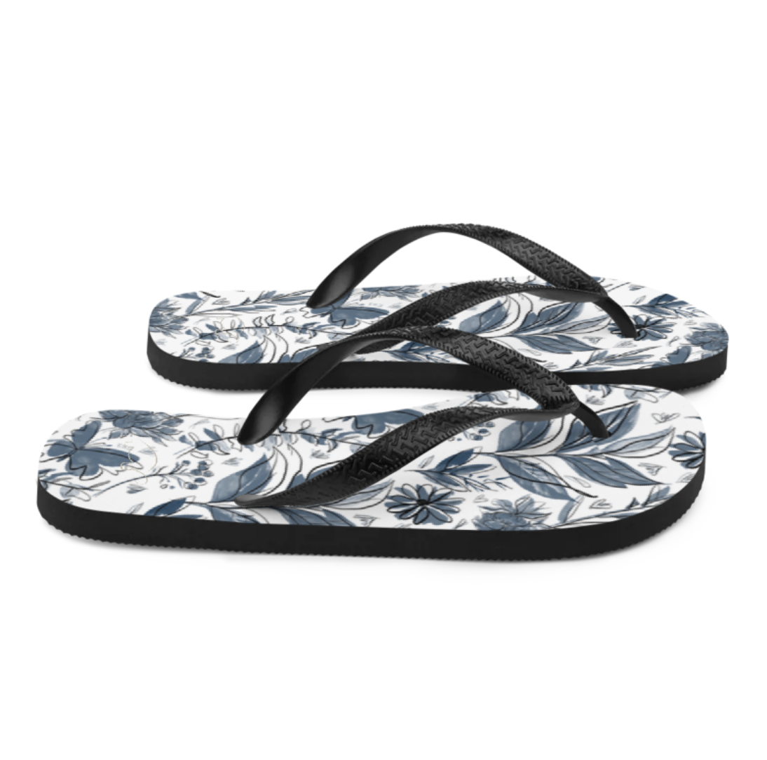 Watercolor White and Blue Women's Flip Flops. Houston Collection. Design hand-painted by the Designer Maria Alejandra Echenique