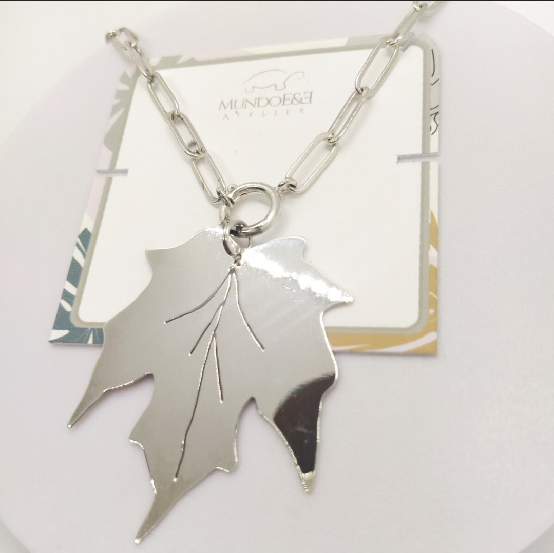 Silver Maple leaf charm long necklace. Flourish Collection. Handmade by Ariadna Echenique. Silver plated