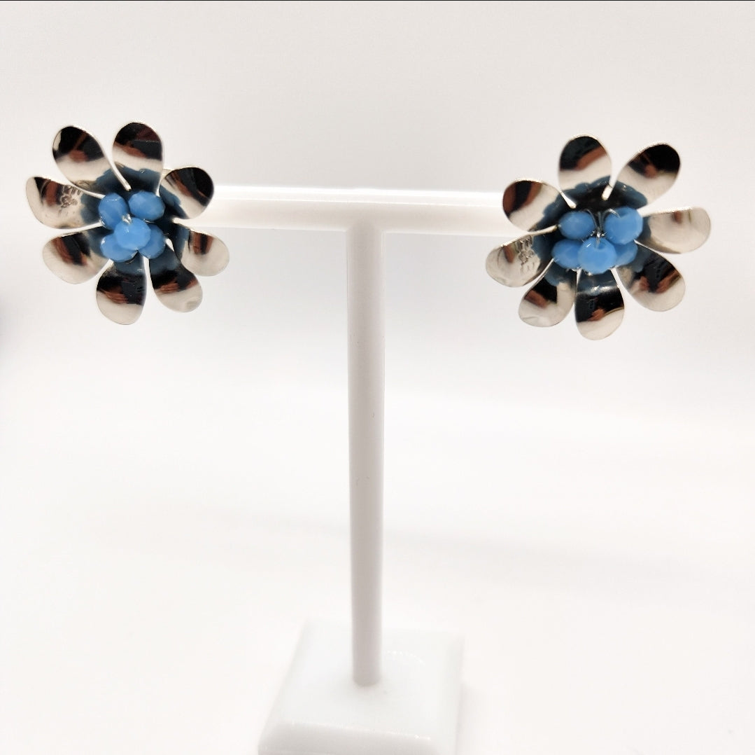 Blue Margarita flower earrings. Handmade. hoop earrings Everyday earrings. Christmas Gift for her