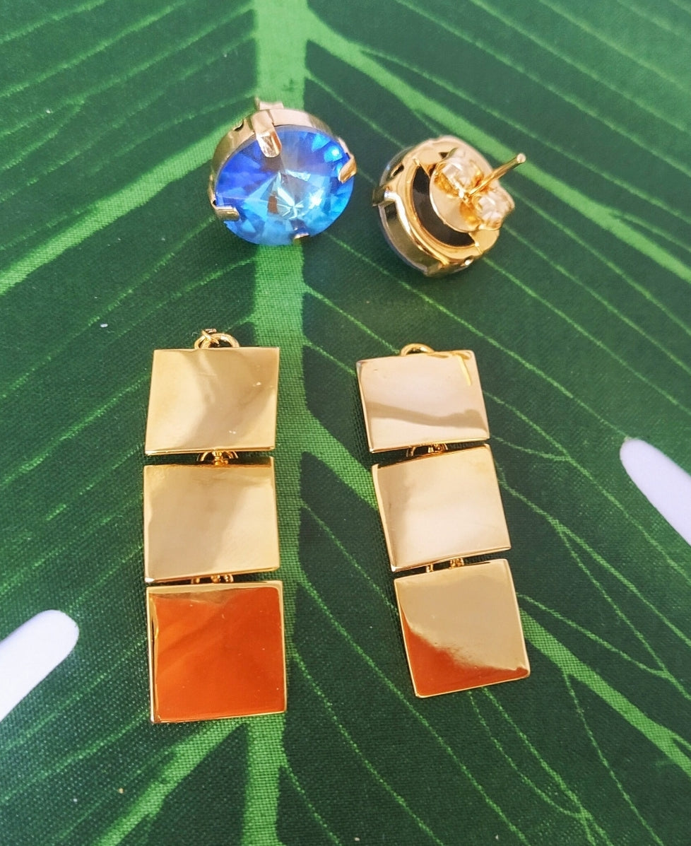Gold blue crystal 2 in 1 earrings. For special and casual occasions. Flourish Collection. Handmade by Ariadna Echenique. Gold plated
