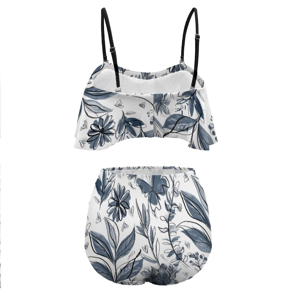Multicolor Flowers Blue Loose Top Bikini Swimsuit. Design hand-painted by the Designer Maria Alejandra Echenique