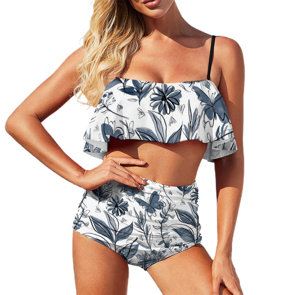 Multicolor Flowers Blue Loose Top Bikini Swimsuit. Design hand-painted by the Designer Maria Alejandra Echenique